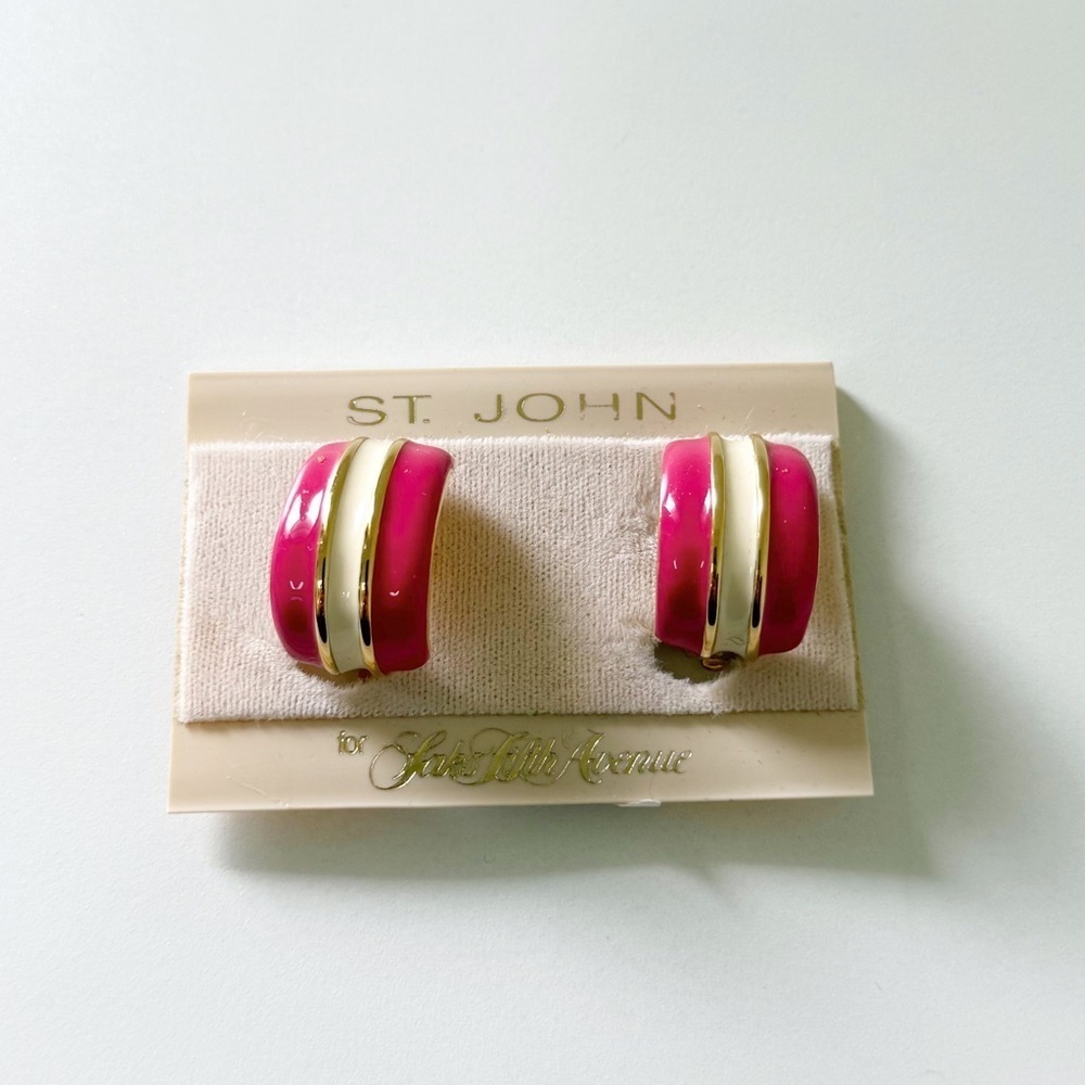 St. John Designer Vintage 1990 NWT Pink White and Gold Clip-On Earrings